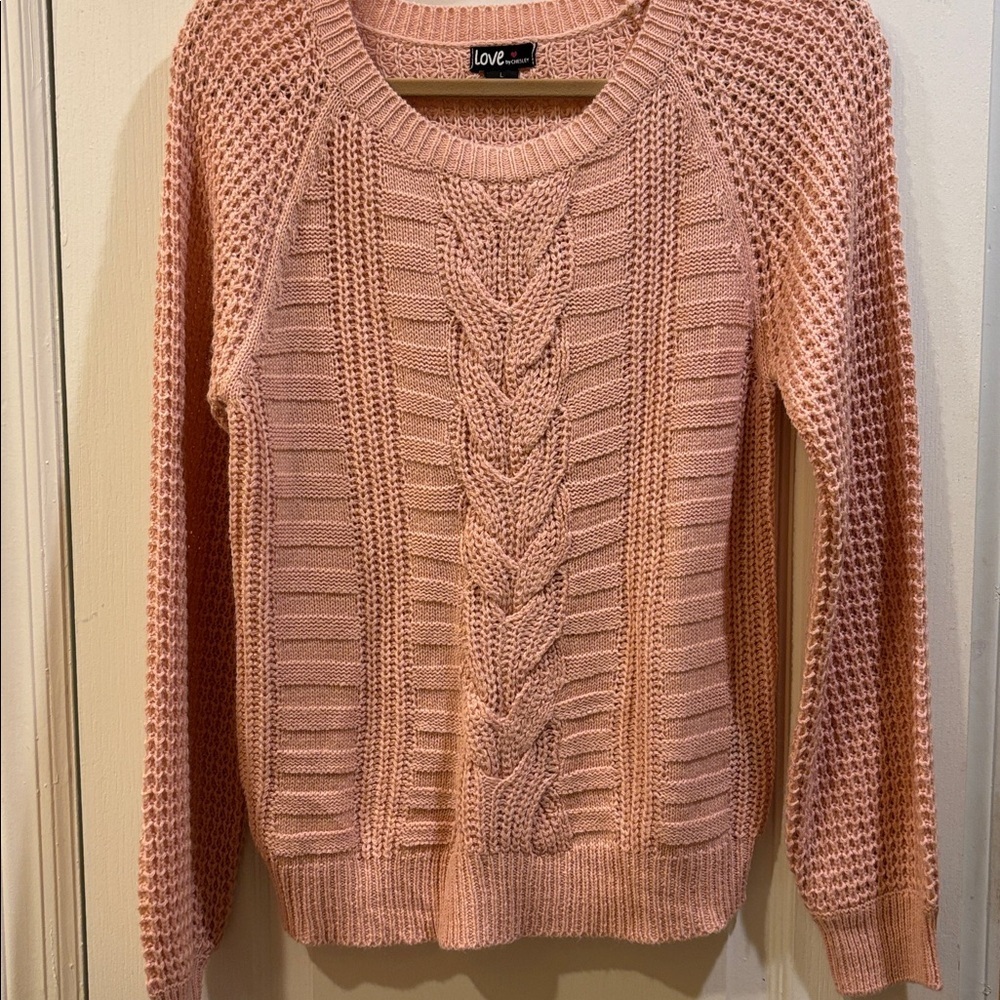LOVE BY CHELSEY PINK CABLE KNIT SWEATER LIGHT WEIGHT LONG SLEEVE COTTON ACRYLIC